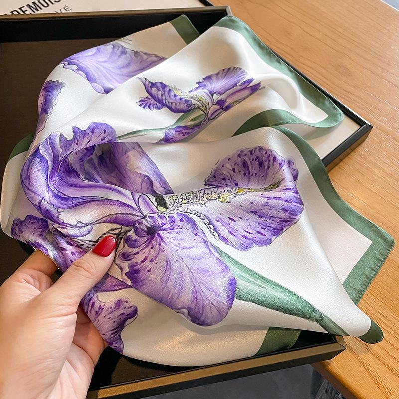 53Cm Women 100% Silk Scarf Nature Foulard Female Floral Neckerchief Bandana High Quality Small Scarves For Hairbands