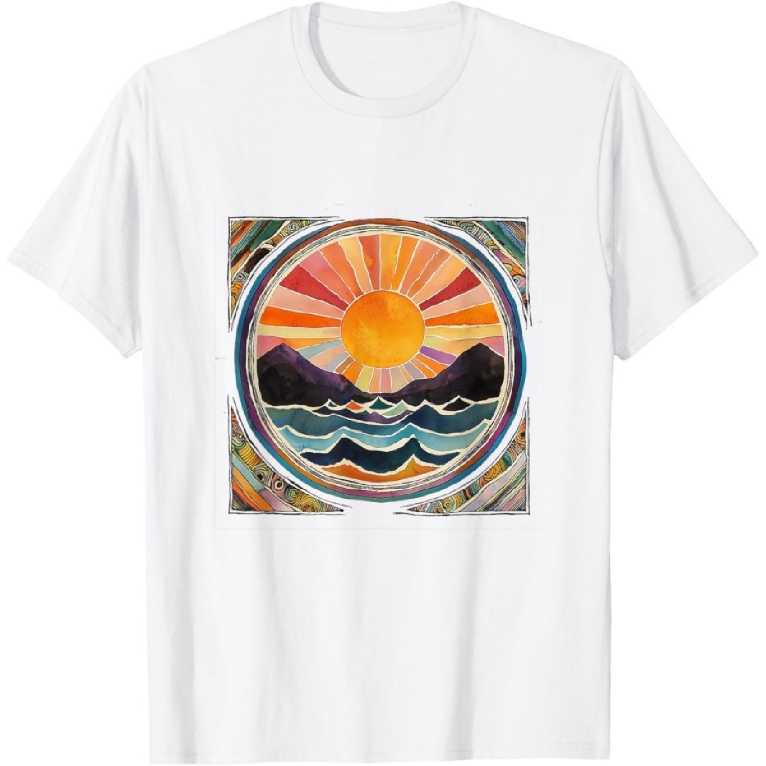 Mountain Sunrise Art Nature Lover Ocean Waves Sun Mandala T-Shirt XXXXXL белый
