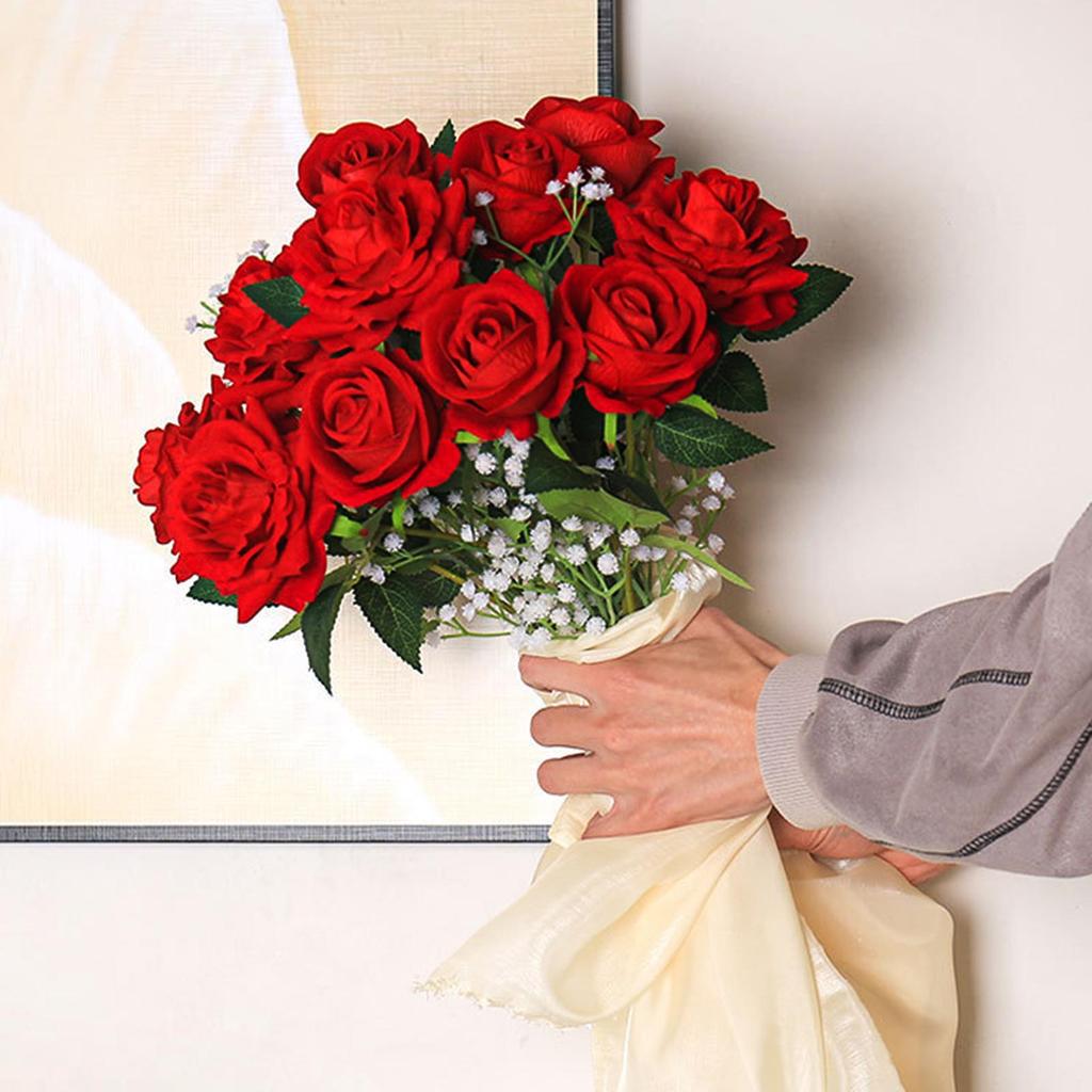 15PCS Simulation Velvet Roses Real Touch Artificial Flowers for Wedding Decor Home Party Red Velvet Cloth Roses 50cm