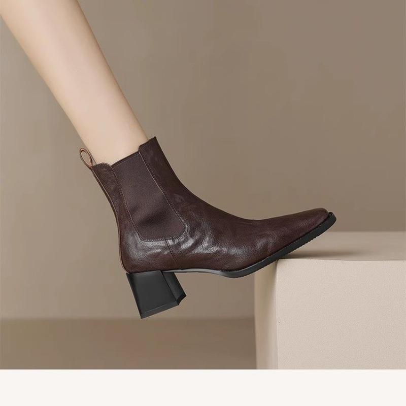 Fashion Maillard Vintage Brown Sleeve Chelsea Skinny Boots Square Toe Chunky High Heel Short Tube Girl