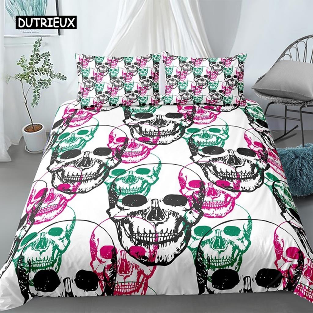 3D Skull Duvet Cover Set Colorful Skull Gothic Watercolor Tie Dye Comforter Cover Microfiber Sugar Skull Queen Size Bedding Set