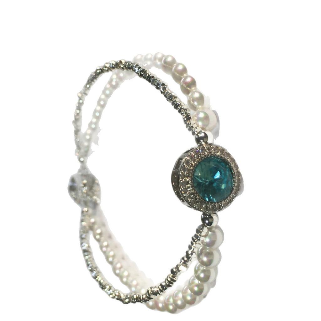 New sea blue pearl and silver double-layer bracelet for women, cat-eye casual style, gift for girls and best friends, live stream jewelry
