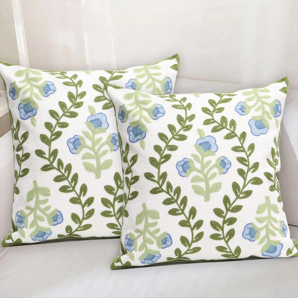 Set of 2 Embroidered Decorative Throw Pillow Covers Couch Square Pillowcases Cushion for Bedroom Sofa Farmhouse Decor 18x18 Inch (Blue Floral)