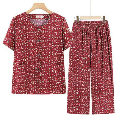 Grandma's Summer Cotton Silk Two-Piece Set: Short Sleeve Cardigan & Pants Pajama for Middle-aged & Elderly Women.
