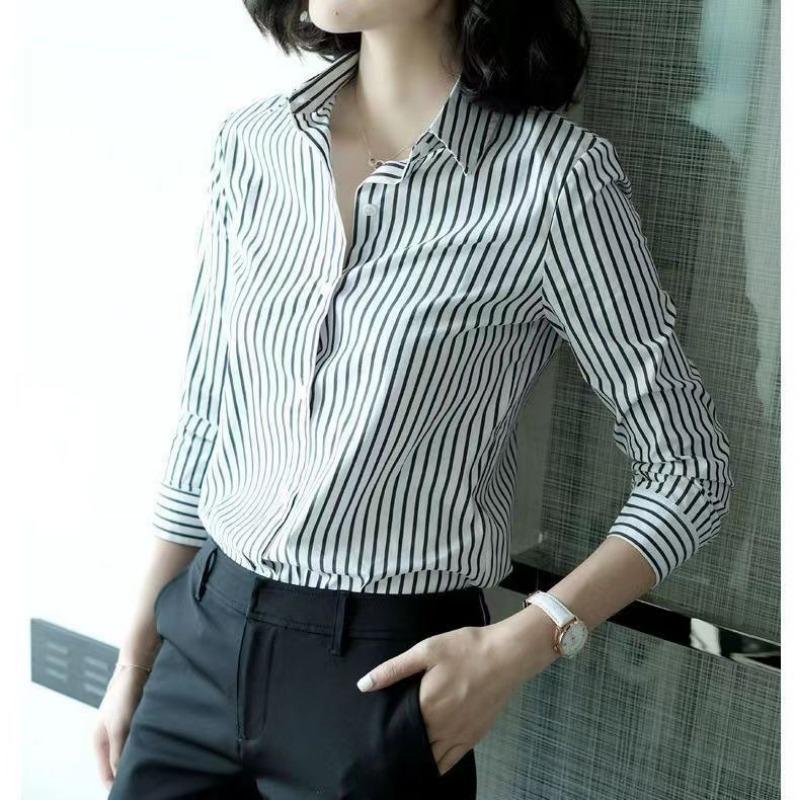 Damen Gestreifte Office Slim-Fit Bluse | Langarm Offene Vorderseite Polokragen Vielseitiges Mode Top
