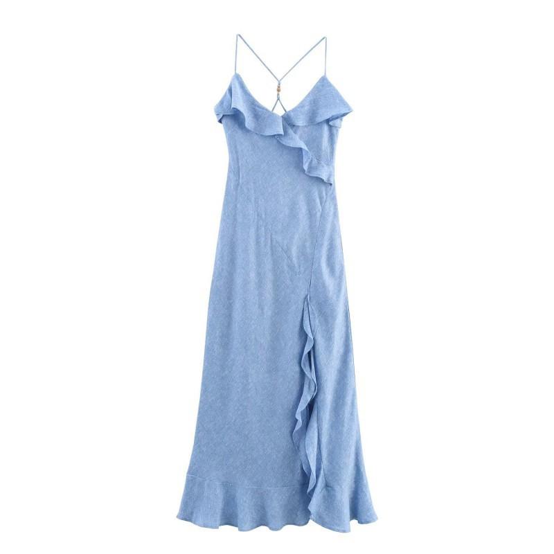 

European American Women s Clothing Summer Linen Blended Laminated Long Sling Dress S світло-синій колір
