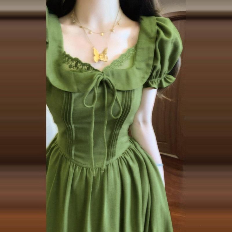 French Retro Green Dress Children's Summer New Models Are Popular This Year, Small Temperament Pinched Waist Dress