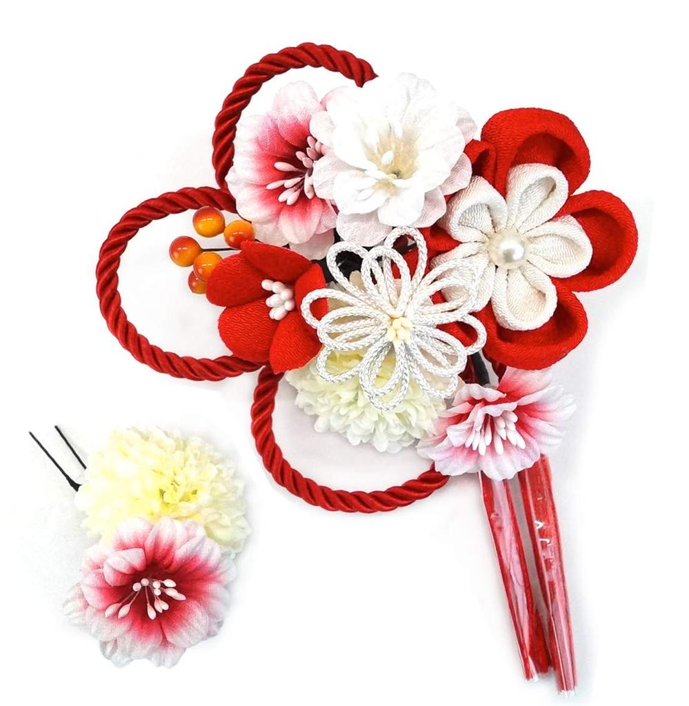 Haarschmuck-Set aus 2 Teilen, für Furisode-Kimono und Coming-of-Age-Zeremonie, kk-077, Tsumami Zaiku (traditionelle japanische Stoffblumenherstellung), rot,