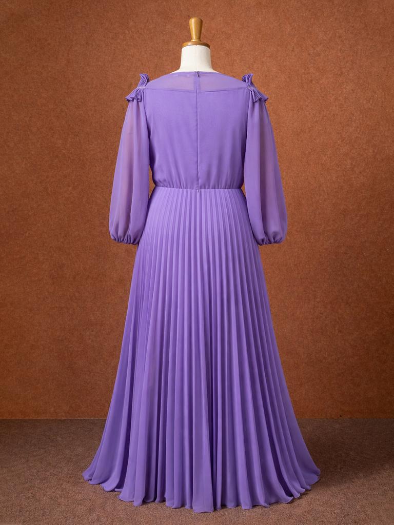 AOMEI Women Plus Size Graceful Chiffon Pleated Maxi Dress Ruffle Neckline Long Sleeve Wedding Guest Gathering