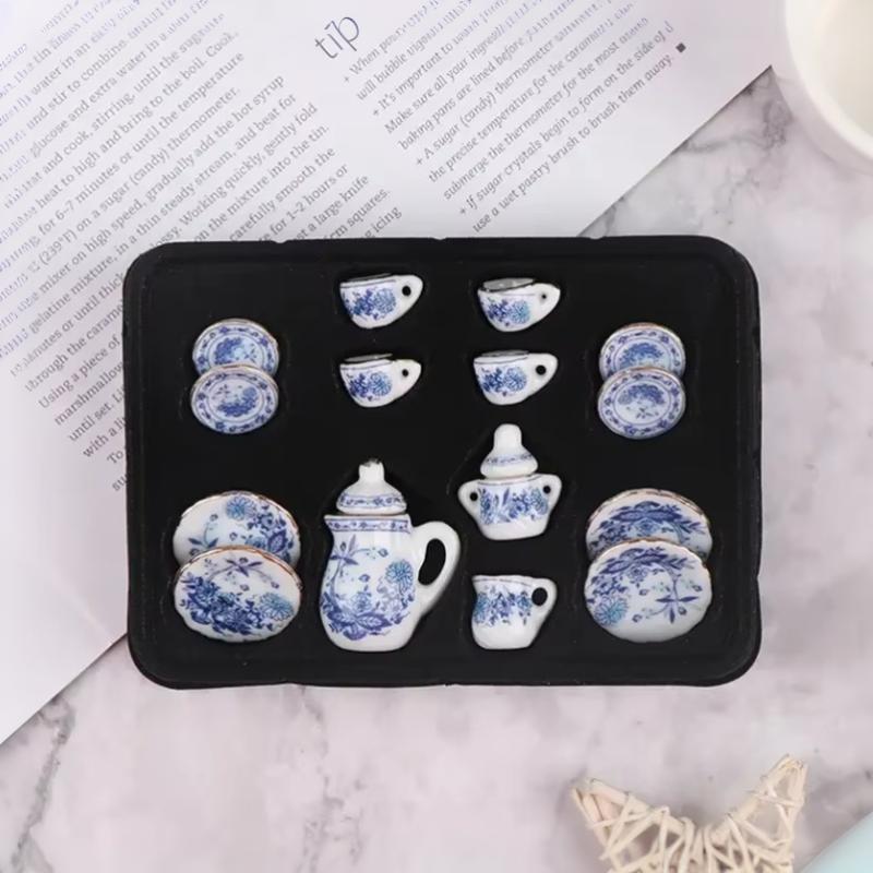1 Set 15Pcs Miniature Tableware Ceramic Tea Set Dollhouse Playhouse Toys Pocket Mini Tea Set Mini Food Toys Gift
