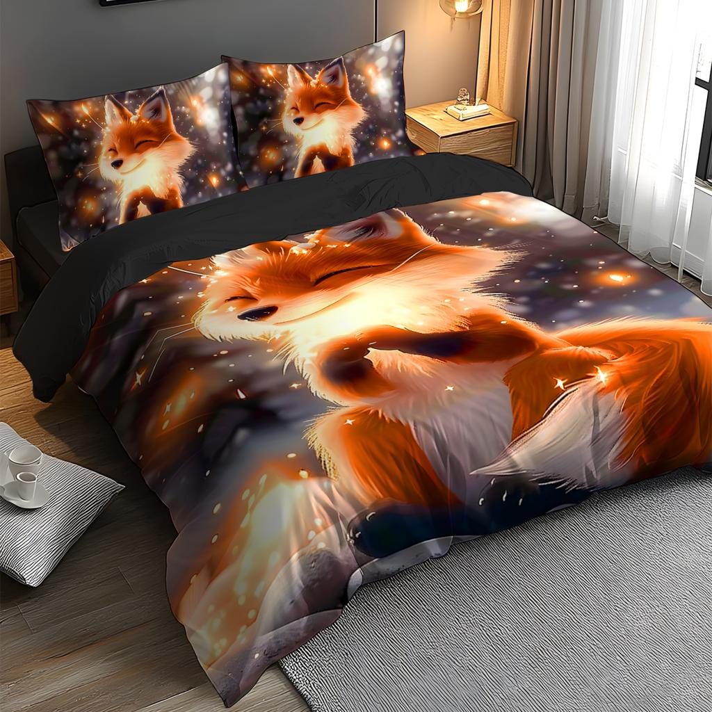 Warm Minimalist Style 3D Pattern of Animal Fox Bedding Set Elves Brushed Digital Printing Duvet Cover Soft Comfortable for Bed