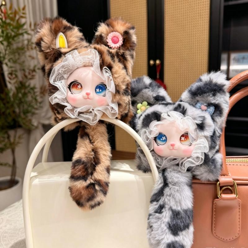 Lace Leopard Print Cat Plush Pendant Adorable Cartoon Design With Soft Tail Backpack Hanging Keychain for Kids Daily Use Small Gift