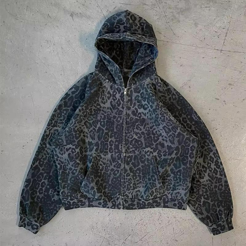 European and American autumn and winter retro loose trendy printed hooded zipper sweatshirt