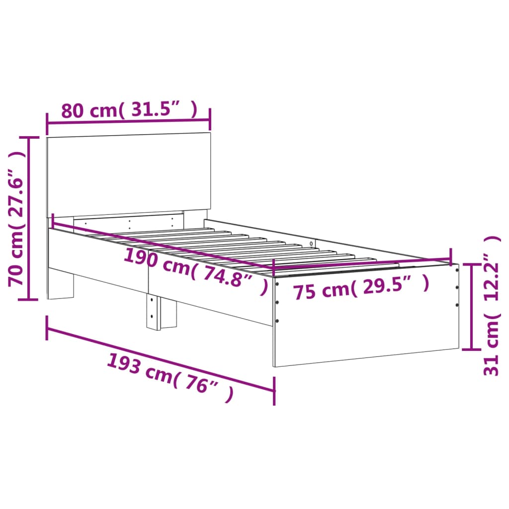 White Bed Frame with Headboard 75 x 190 cm Wood Based Material