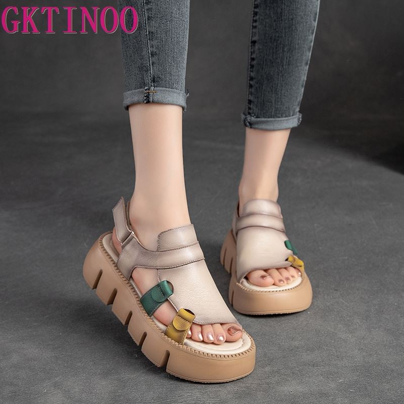 Fashion GKTINOO 2025 Handmade Genuine Leather Sandals Women Thick Soled Hook & Loop Wedges Platform Casual Sandals Summer Shoes