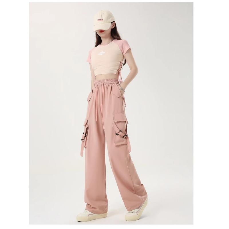 Work Pants for Women In Summertime New High Waist Slimming and Drooping Pink Wide-leg Casual Retro Sports Drawstring Pants S