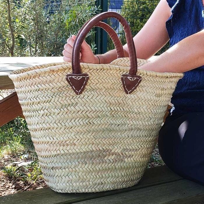 Tote Bag - Natural - Leather Handles - Palm Leaves - White - Woman
