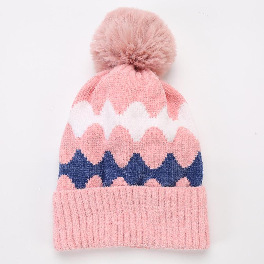 Women's Autumn Winter Plush Warm Knit Hat Chenille Soft Wave Wool Ball Wool Hat
