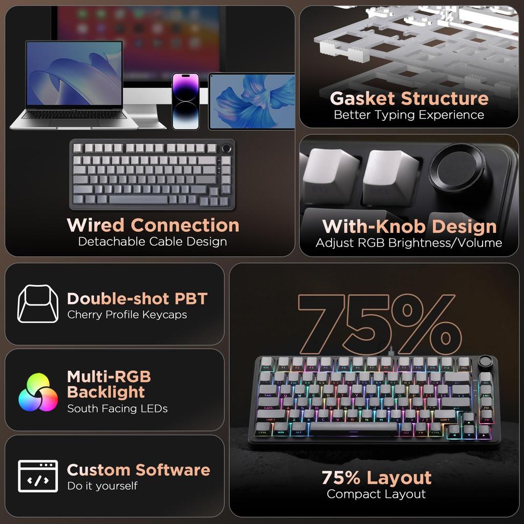 YUNZII B75 Wired Mechanical RGB High English PBT Cherry for RGB Tactile 75% Keyboard, Hot-Swap, Gasketed, Backlight, Durability, Layout, Keycaps,