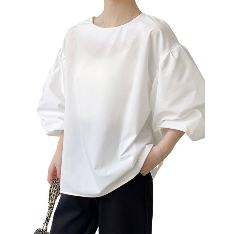 Sweet Summer K-style Fashion Solid Color round Neck Loose Cotton Lantern Sleeve Shoelace Half-Sleeve Shirt Tops Women