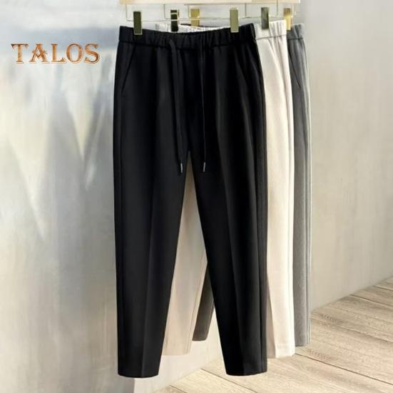 Men Suit Pants Drawstring Elastic Waist Straight Leg Solid Color Loose Formal Business Style Office Wear Trousers Ninth Pants