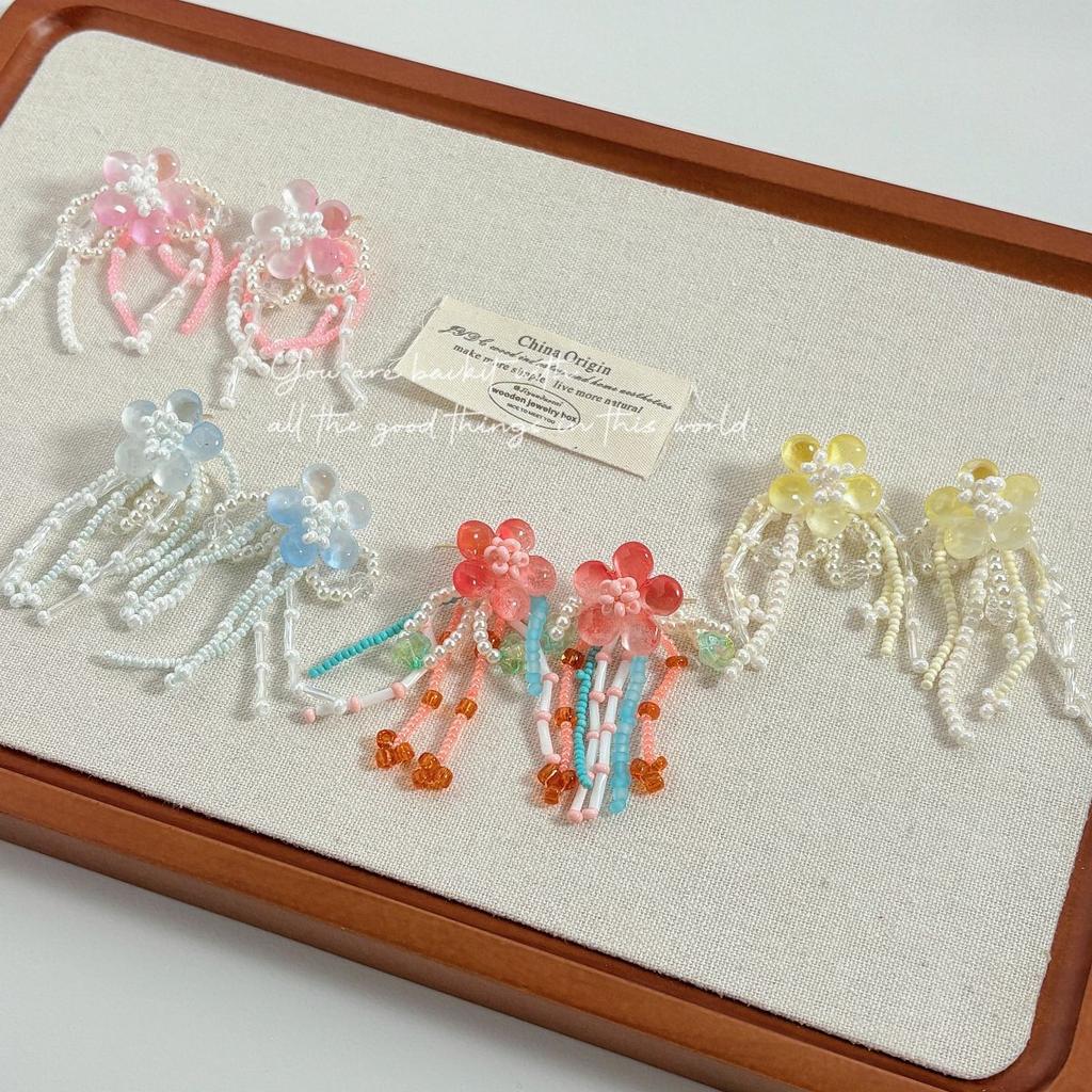 Color beaded flower long fringed stud earrings holiday wind silver needle earrings Mori girl sweet and fresh earrings women