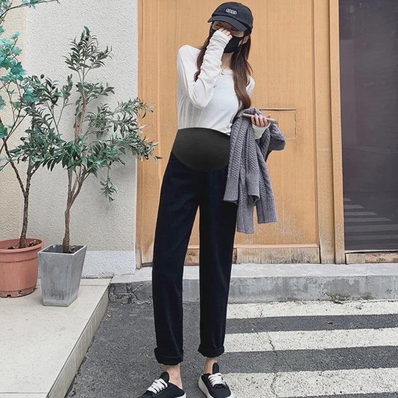 Blugi albi ocazional de maternitate - Suport pentru burtă de toamnă și jambiere largi pentru mămici