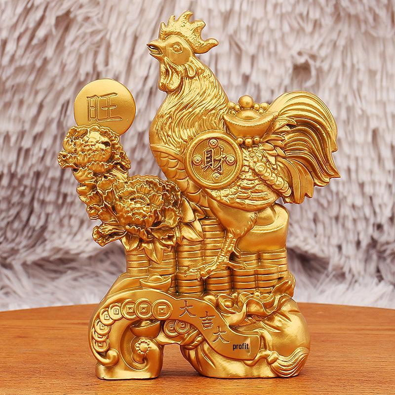 

Golden Rooster Wealth & Luck Desktop Ornament - Alloy Metal Chicken with Coins & Ingots