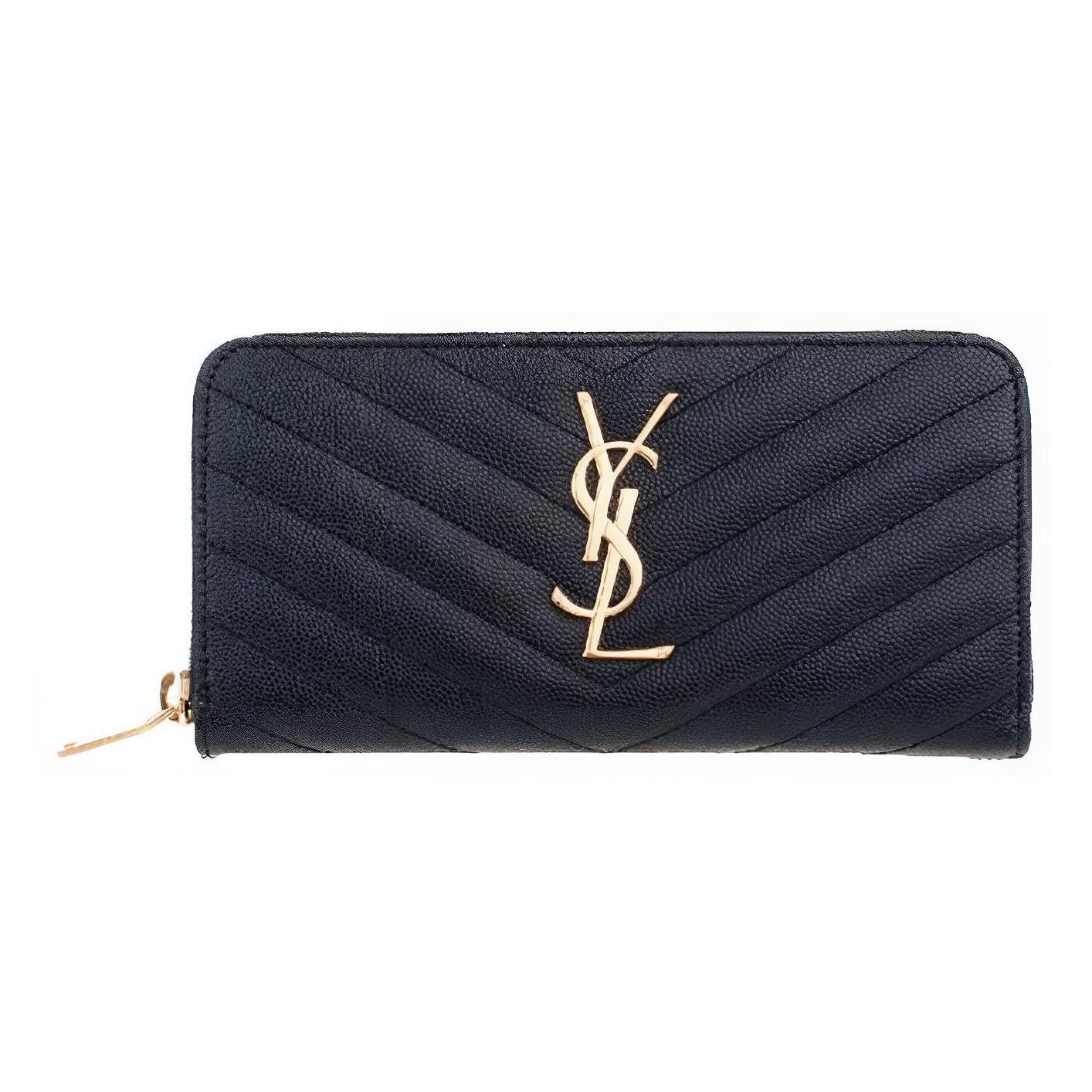 

Saint Laurent Ysl Monogram Gold Logo Grainy Embossed Quilted Long Zipper Leather Wallet Women Wallet Black 358094BOW011000 Basic Set (Bag+Dust Bag)