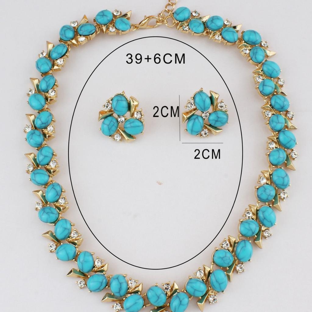 Vintage Turquoise Artificial Pearl Inlay Jewelry Set Necklace Earrings Elegant Statement Accessories for Women