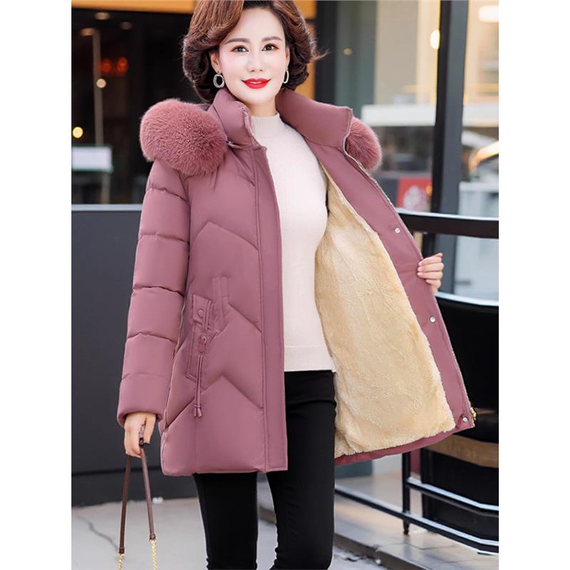 Mom's Mid-Length Fleece-Lined Down Cotton Coat - Petite, Middle-Aged & Elderly Women's Winter Jacket