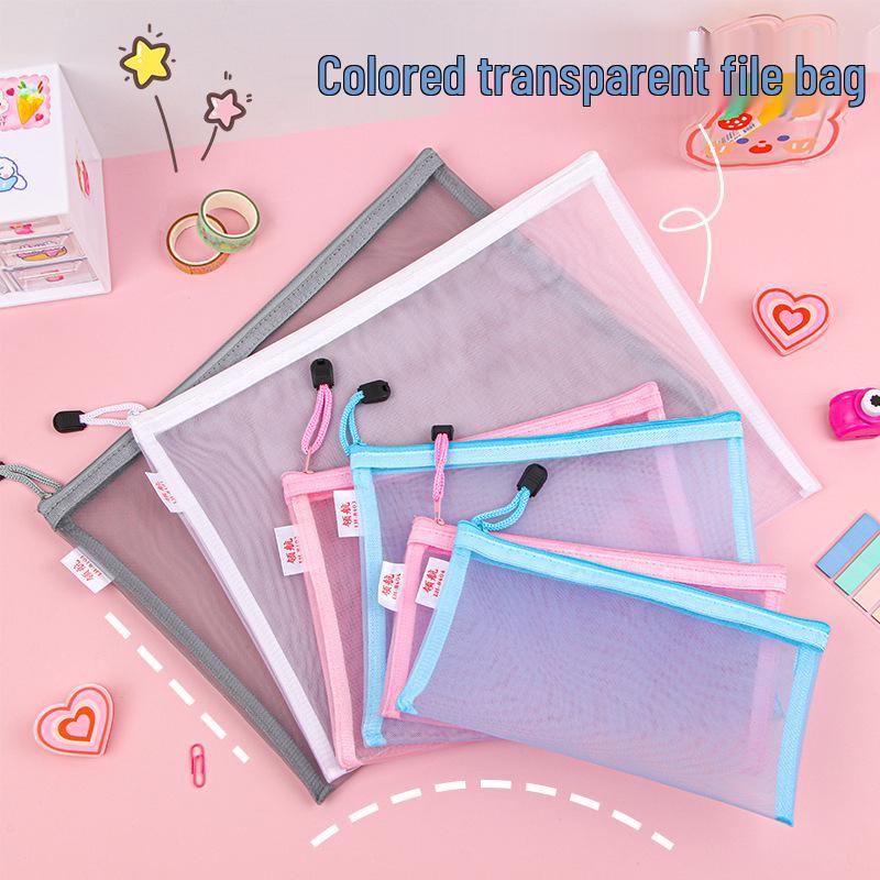 Large Capacity Transparent Nylon Mesh Document Bag - A4 Student and Office Zipper Storage Bag