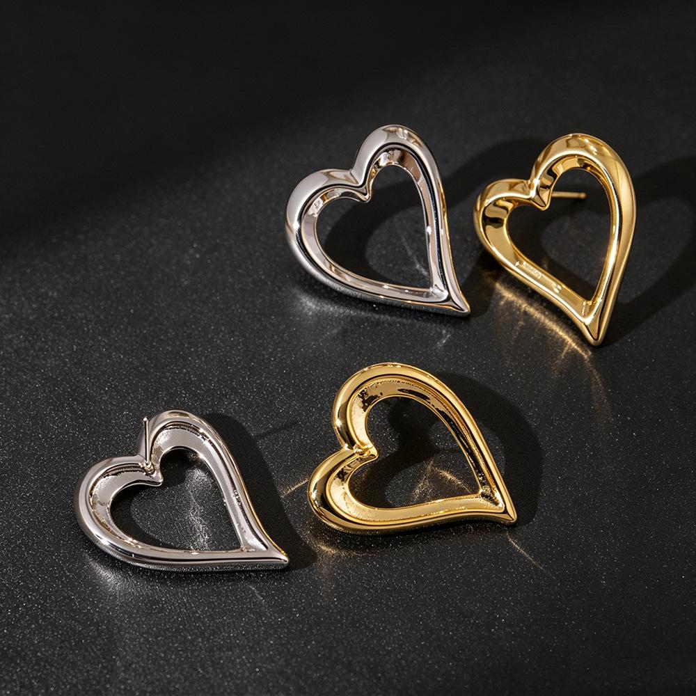 Geometric Hollow Heart Stud Earrings - Retro Design with Light Luxury Style for Women