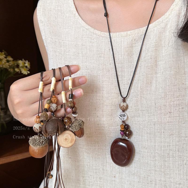 Women's Retro Ethnic Style Adjustable Long Sweater Chain with Natural Peace Bean Charm