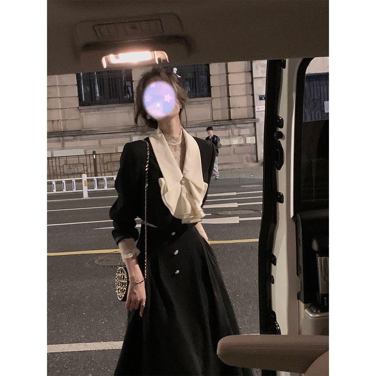 

Шикарный черный пиджак с лацканами и юбка - Женский высококлассный костюм-двойка для осени Small