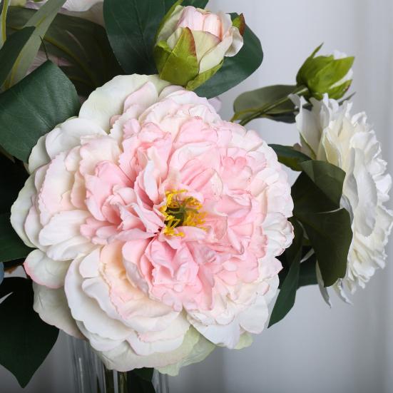Artificial Peony with Green Leaves 2 Head Realistic Fake Silk Flower