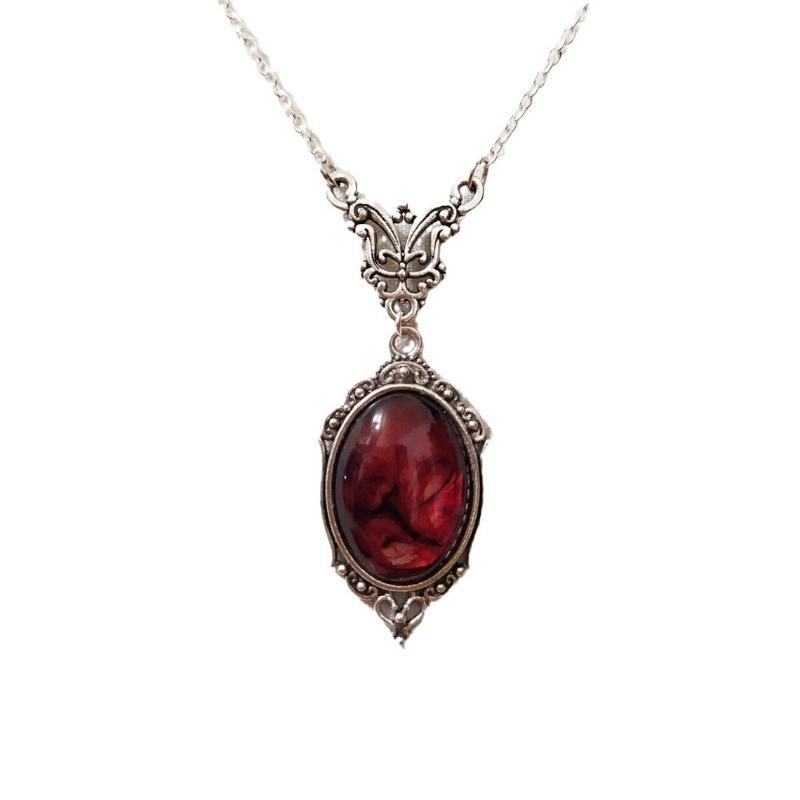 Colgante de Cristal de Cuarzo Rojo Vintage Plateado Plata Joyería de Moda Collar