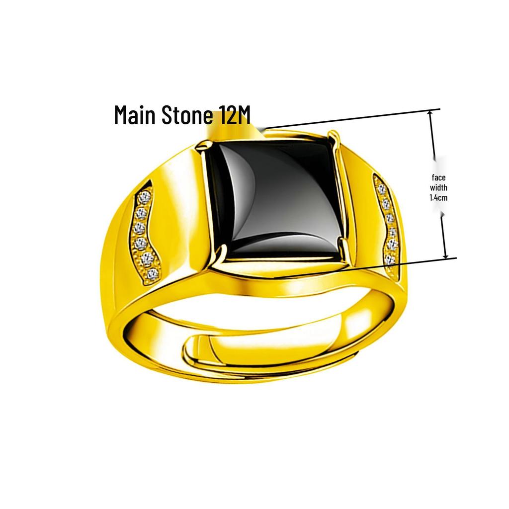 Men's Adjustable Black Agate Square Ring with Black Diamond - Korean Style and Smooth Finish