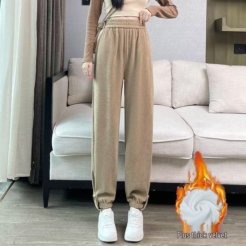 

Женские вельветовые гаремные спортивные штаны на флисовой подкладке - Плотные, с манжетами, для осени/зимы 2024 L for 101-115 jin