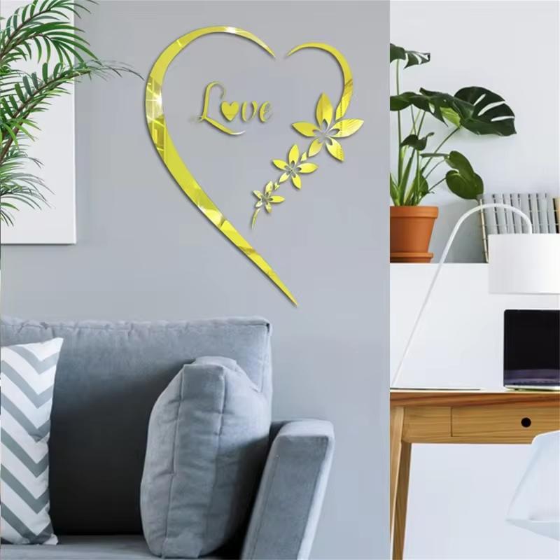 Self-Adhesive 3D Heart-Shaped Mirror Wall Decal Acrylic Heart-Shaped Reflective Sticker Living Room Background Decorative Decal