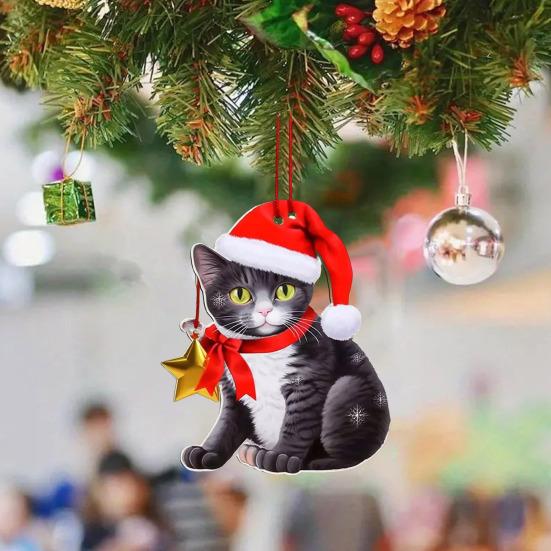 Christmas Cat Ornament Cartoon Cat with Santa Hat Pendant 2D Flat Acrylic Christmas Tree