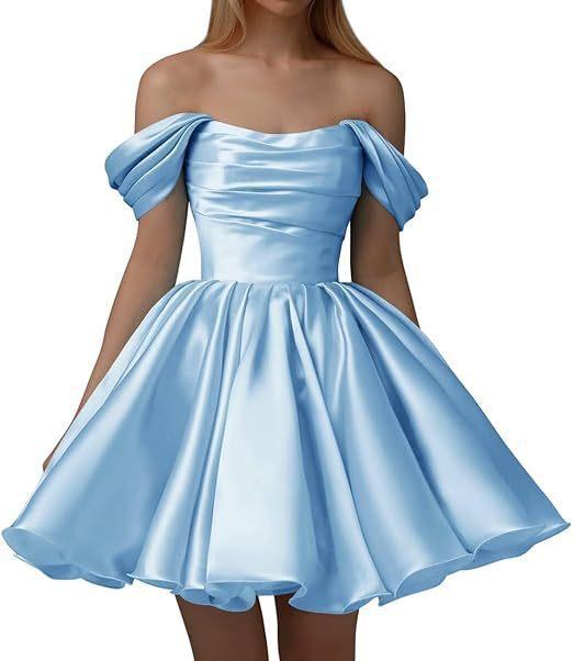 European and American one-word shoulder dress new satin short pleated dance wedding party dress daily dress