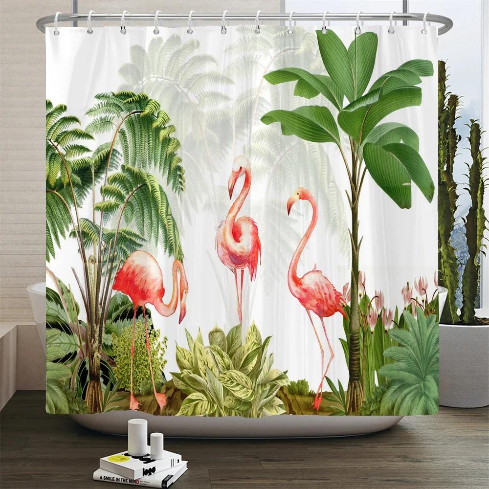 Flamingo Shower Curtains Green Leaf Bathroom Waterproof Polyester Fabric Printing Shower Curtain Decoration Bath Screen