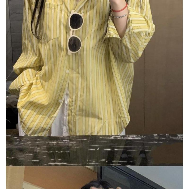 Hong Kong Style Vertical Striped Shirt New Style College Style Loose and Versatile Long-sleeved Shirt Spring and Autumn Wear for Women