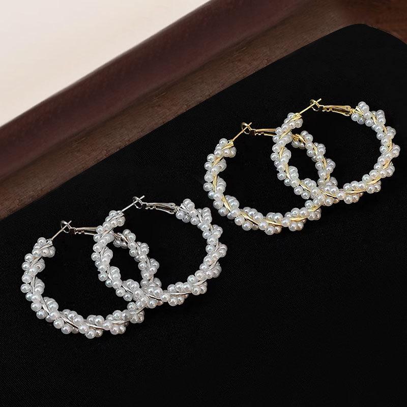 Temperament Pearl Winding Earrings Women'S Retro High-End Earrings Fashion Exaggerated Personality Large Earrings