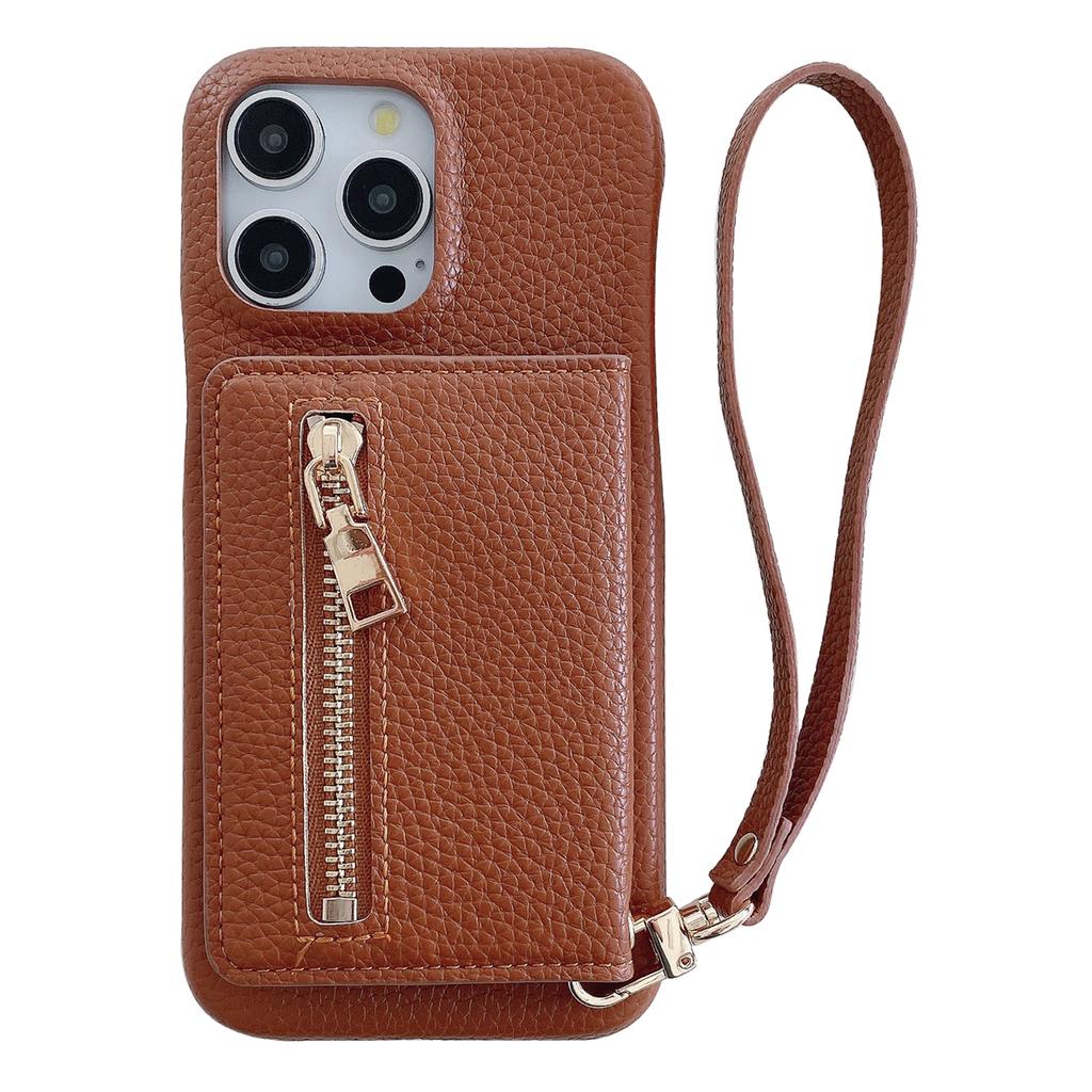 For iPhone 14 Pro Max Case Card Slots Kickstand PU Leather Back Cover with Zipper Pocket, Wrist Strap