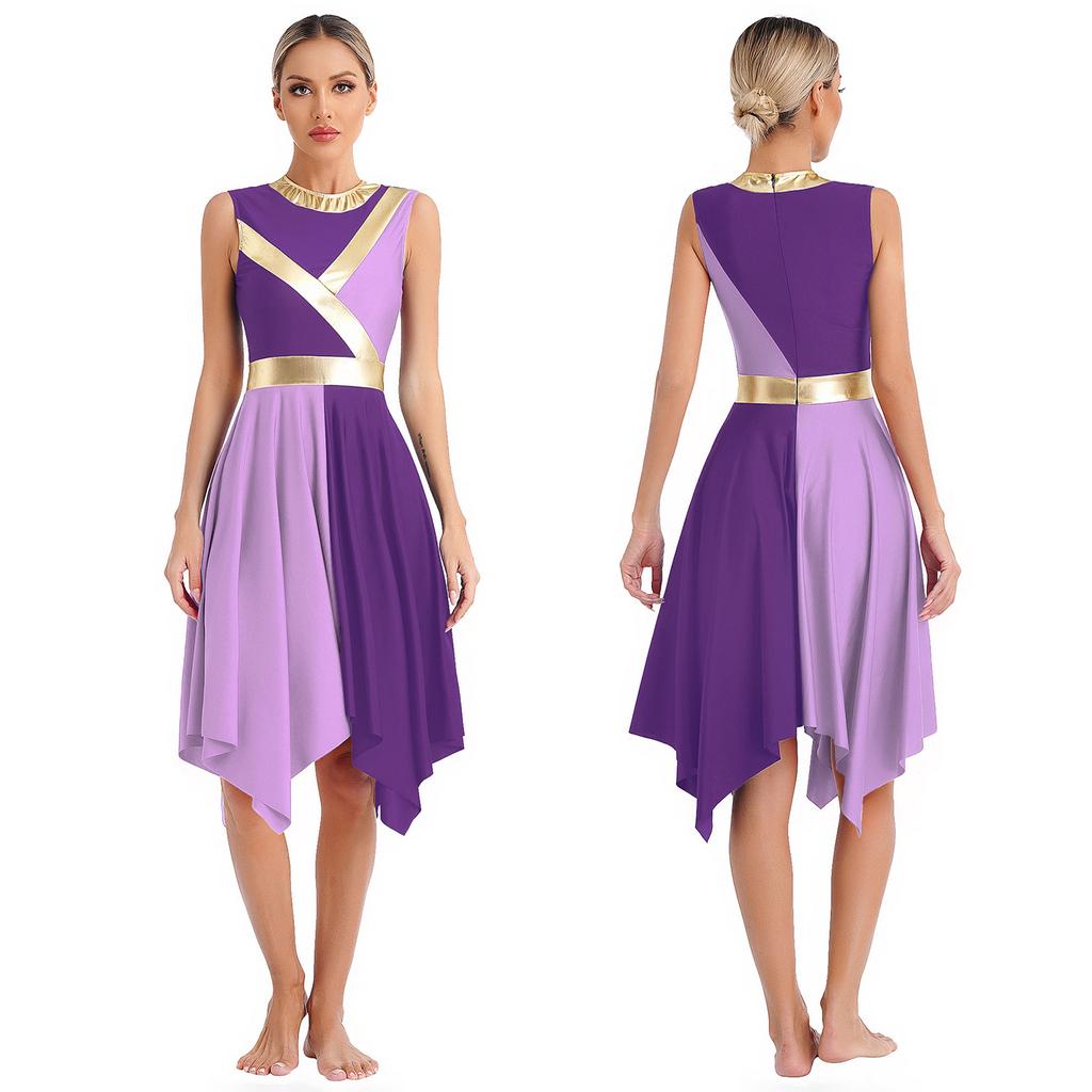 Womens Metallic Color Block Patchwork Liturgical Dance Dress Round Neck Sleeveless Asymmetrical Hem Dresses Dancewear