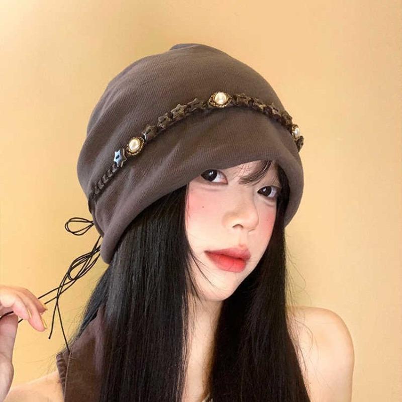 Autumn and winter hats, women's pentagram headgear, retro versatile stacking hat, large brim, small face, cold hat