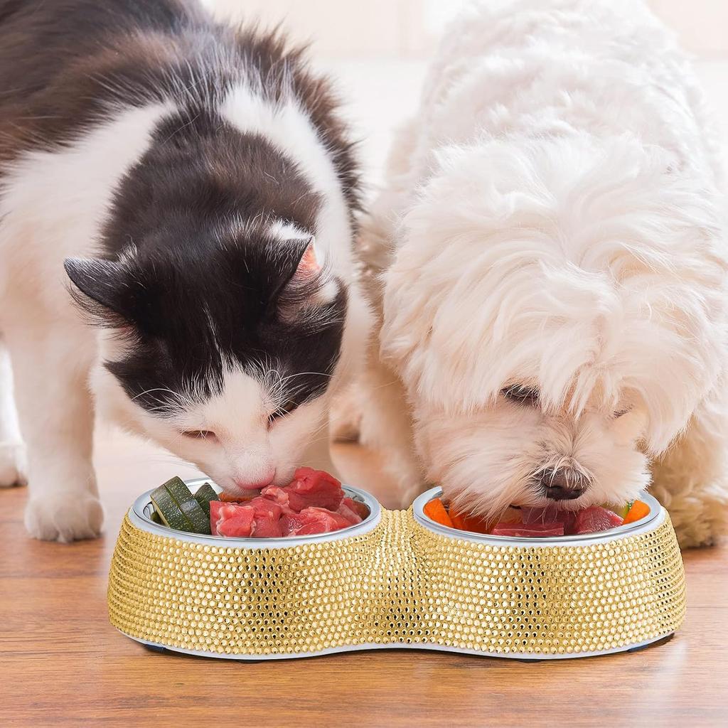 eing Dog Bowls Double Dog Water and Food Bowls Stainless Steel Bowls with Non-Slip Resin Station and Bling Rhinestones, Pet Feeder Bowls for Puppy