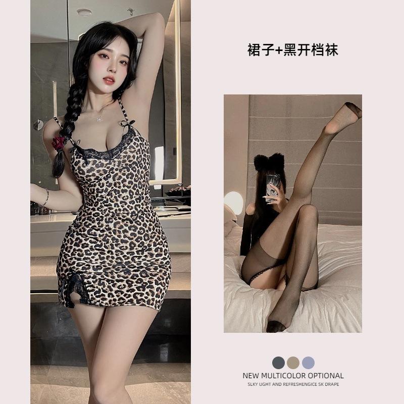 Sex lingerie sexy leopard print suspenders passion seduction lace bow sex suit bed flirting